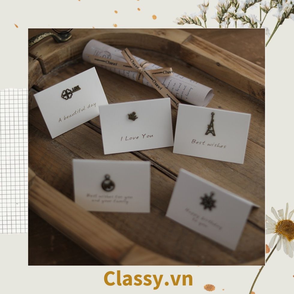 Thiệp Cổ điển Vintage gắn hình 3D, giấy art sang trọng kèm phong bì màu trắng Q254