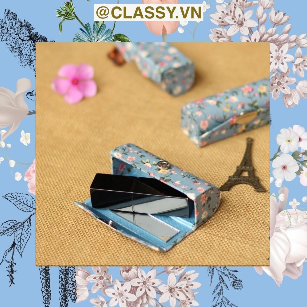 Hộp đựng son có gương , nắp gập bọc vải họa tiết hoa nhí vintage, kích thước 8,3X2,3X2,4cm Q579