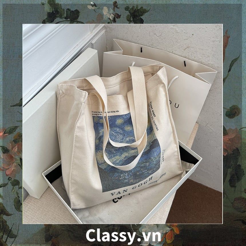 Túi vải Canvas 25 X 42 X 16 cm cao cấp, đường may gãy gọn họa tiết tranh Phục hưng dùng để mua sắm, du lịch T1851