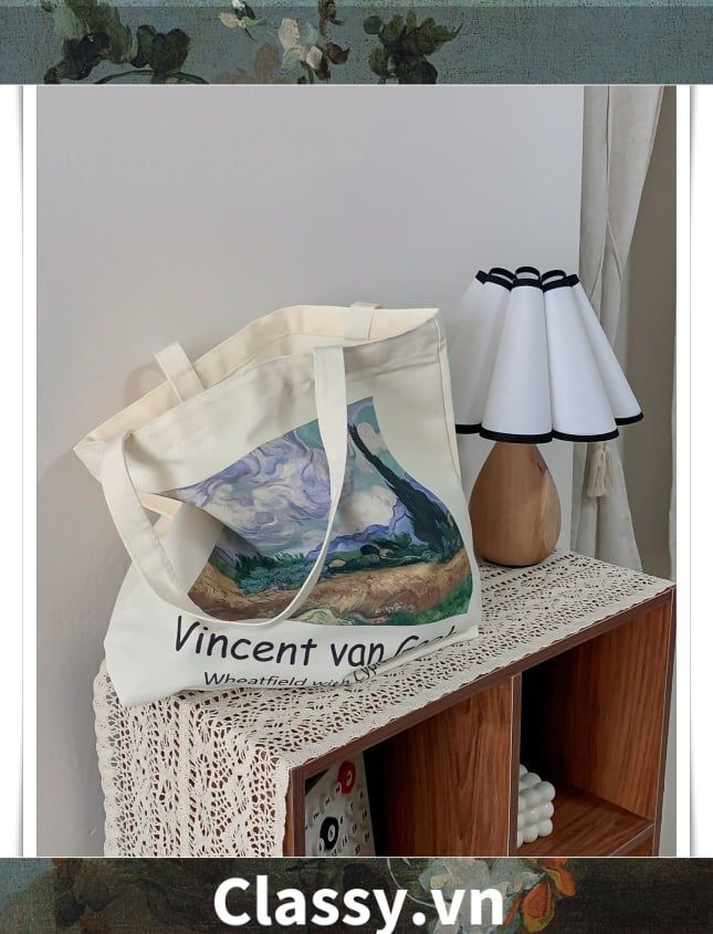 Túi vải Canvas 25 X 42 X 16 cm cao cấp, đường may gãy gọn họa tiết tranh Phục hưng dùng để mua sắm, du lịch T1851