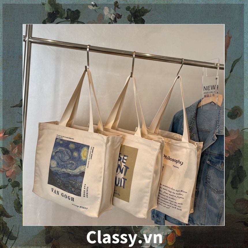 Túi vải Canvas 25 X 42 X 16 cm cao cấp, đường may gãy gọn họa tiết tranh Phục hưng dùng để mua sắm, du lịch T1851