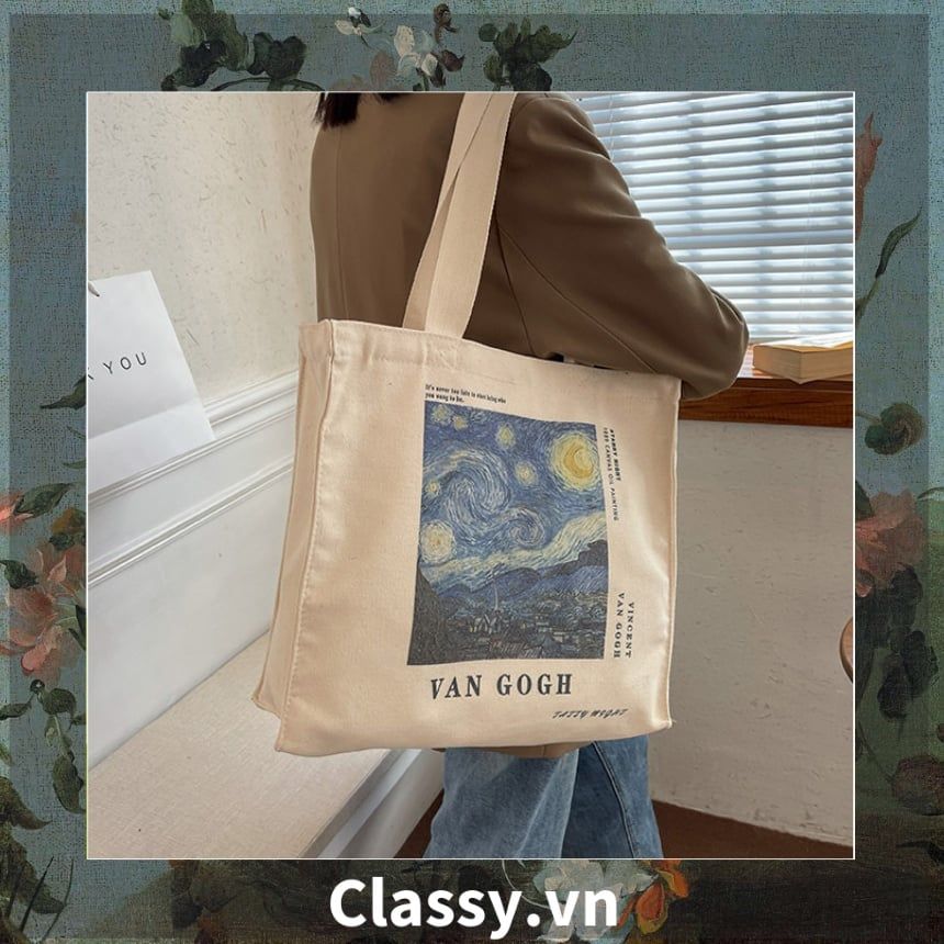 Túi vải Canvas 25 X 42 X 16 cm cao cấp, đường may gãy gọn họa tiết tranh Phục hưng dùng để mua sắm, du lịch T1851