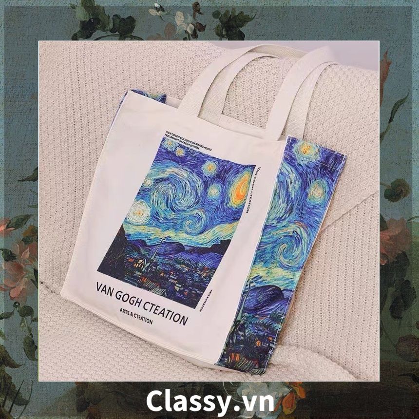 Túi vải Canvas 25 X 42 X 16 cm cao cấp, đường may gãy gọn họa tiết tranh Phục hưng dùng để mua sắm, du lịch T1851