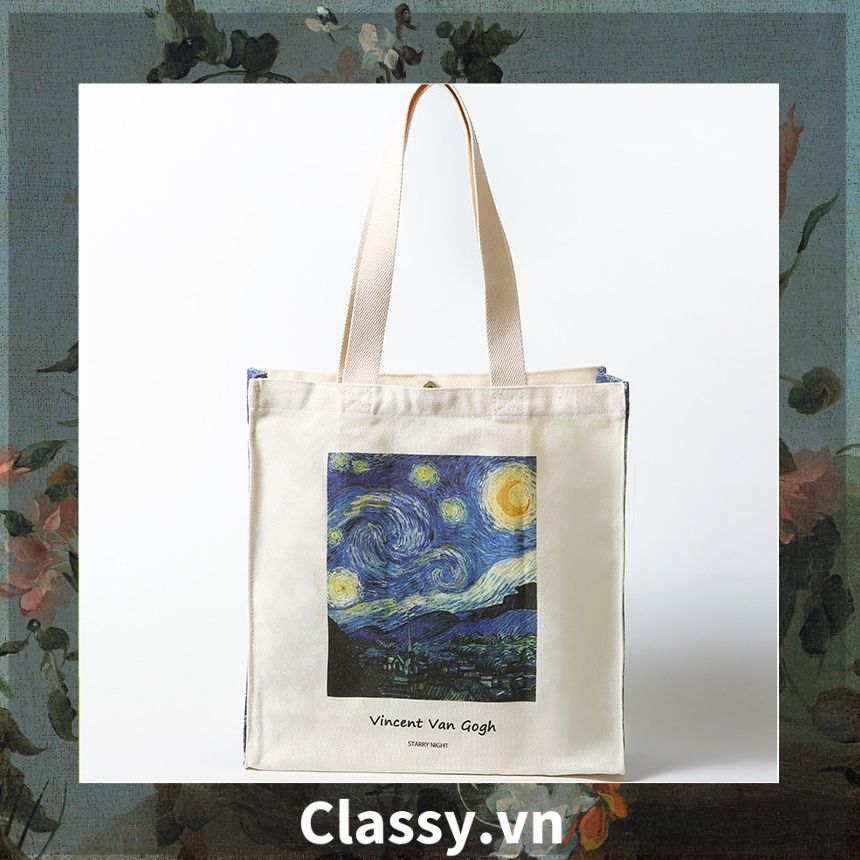 Túi vải Canvas 25 X 42 X 16 cm cao cấp, đường may gãy gọn họa tiết tranh Phục hưng dùng để mua sắm, du lịch T1851