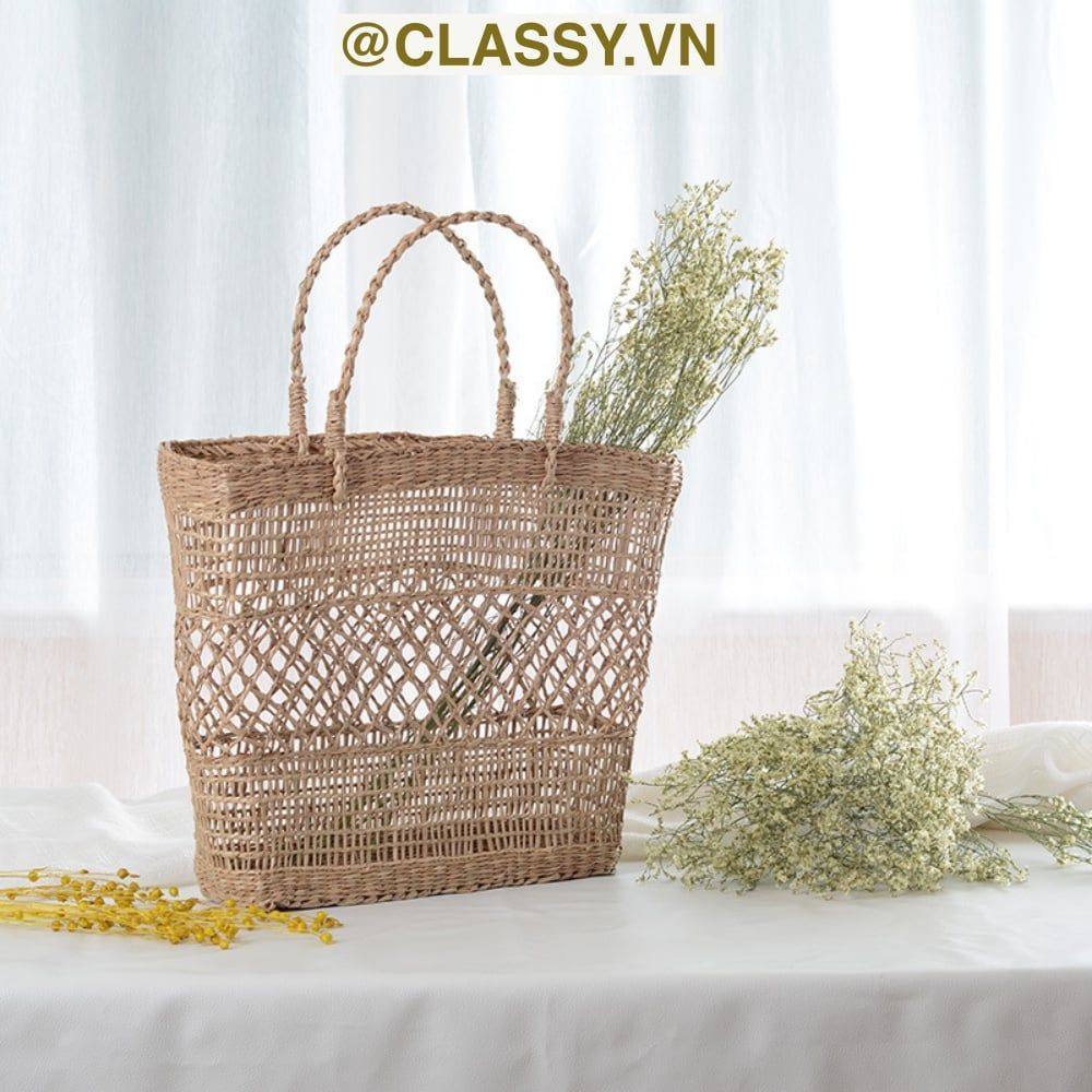 Túi cói làn cói mắt cáo trơn đi biển có nơ, kiểu dáng Vintage, đan thủ công bởi thợ Việt Nam T328