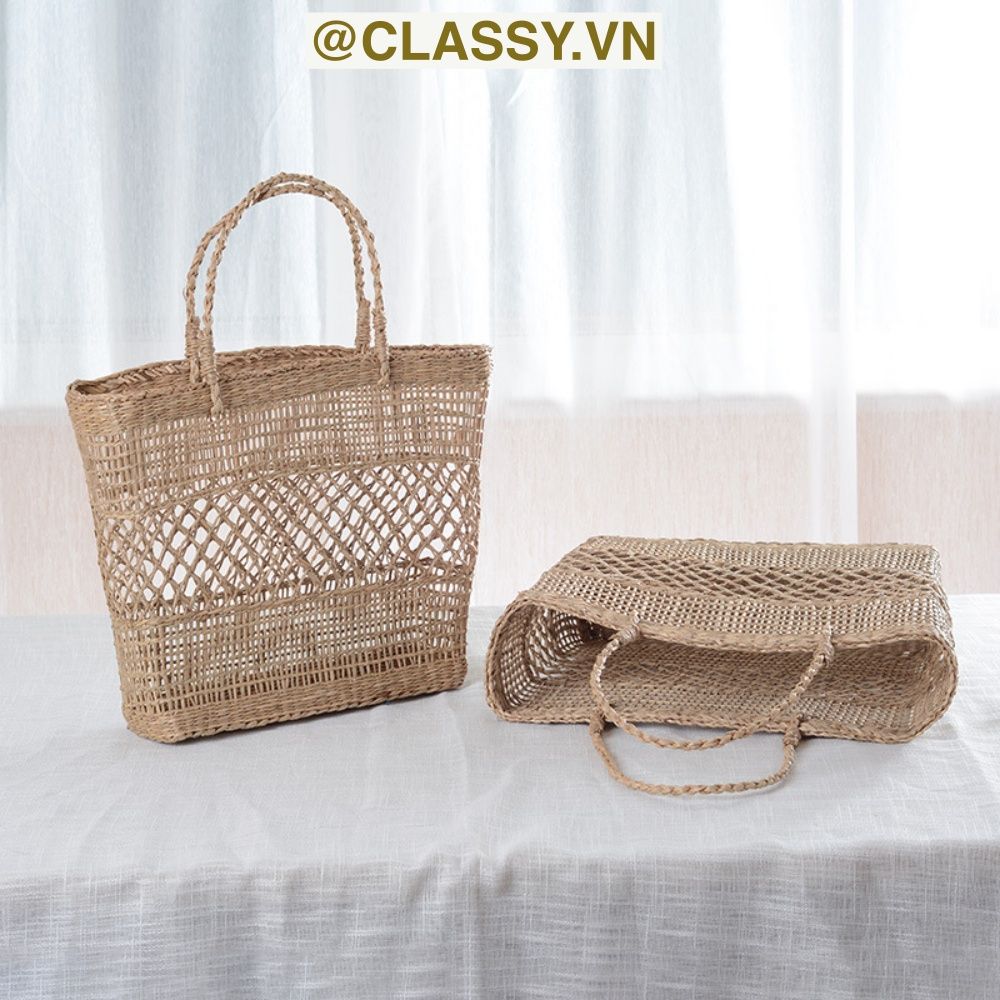 Túi cói làn cói mắt cáo trơn đi biển có nơ, kiểu dáng Vintage, đan thủ công bởi thợ Việt Nam T328
