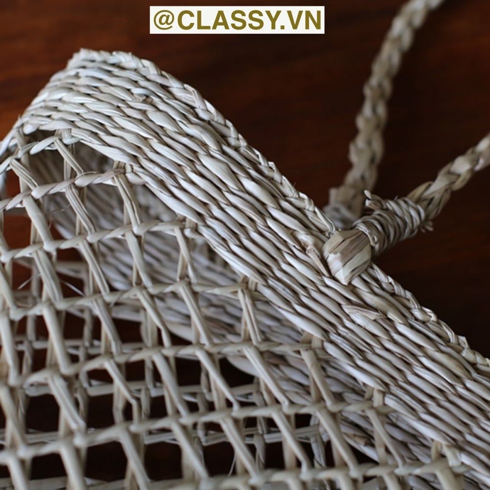 Túi cói làn cói mắt cáo trơn đi biển có nơ, kiểu dáng Vintage, đan thủ công bởi thợ Việt Nam T328