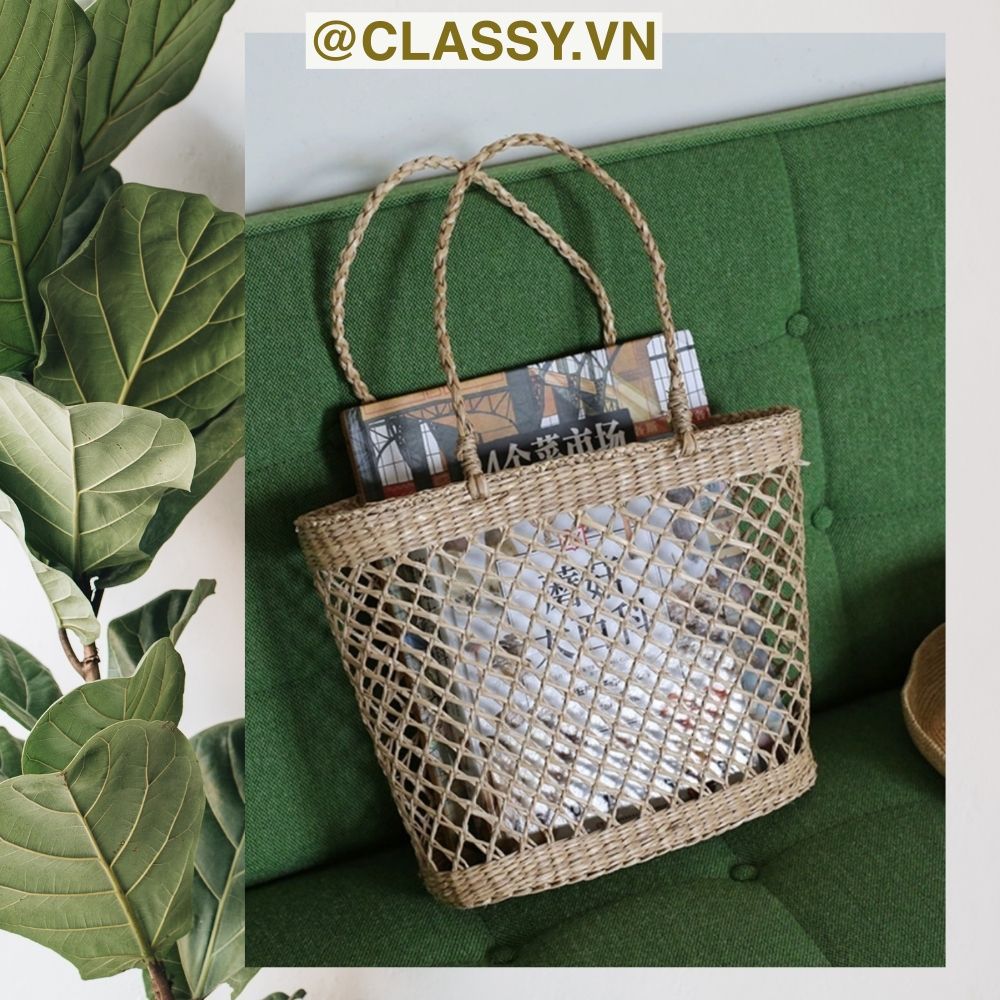 Túi cói làn cói mắt cáo trơn đi biển có nơ, kiểu dáng Vintage, đan thủ công bởi thợ Việt Nam T328