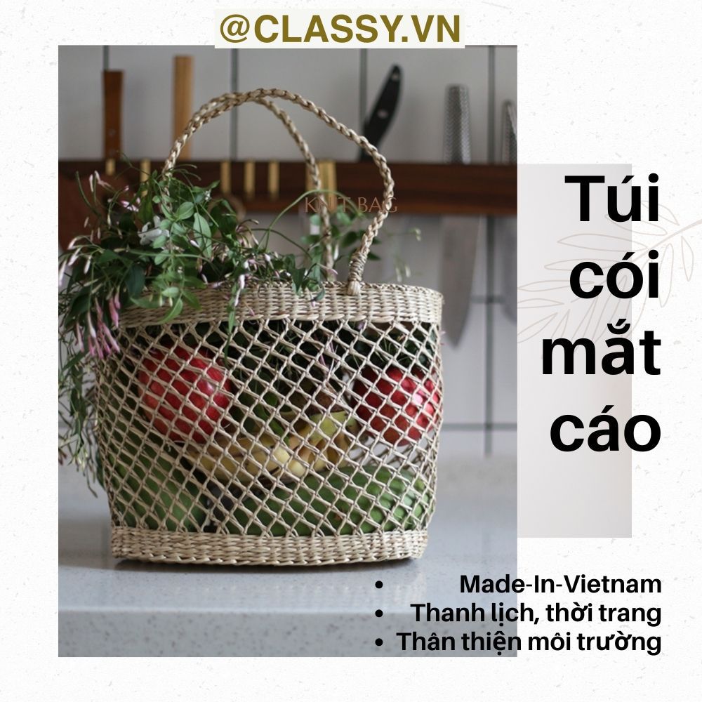 Túi cói làn cói mắt cáo trơn đi biển có nơ, kiểu dáng Vintage, đan thủ công bởi thợ Việt Nam T328