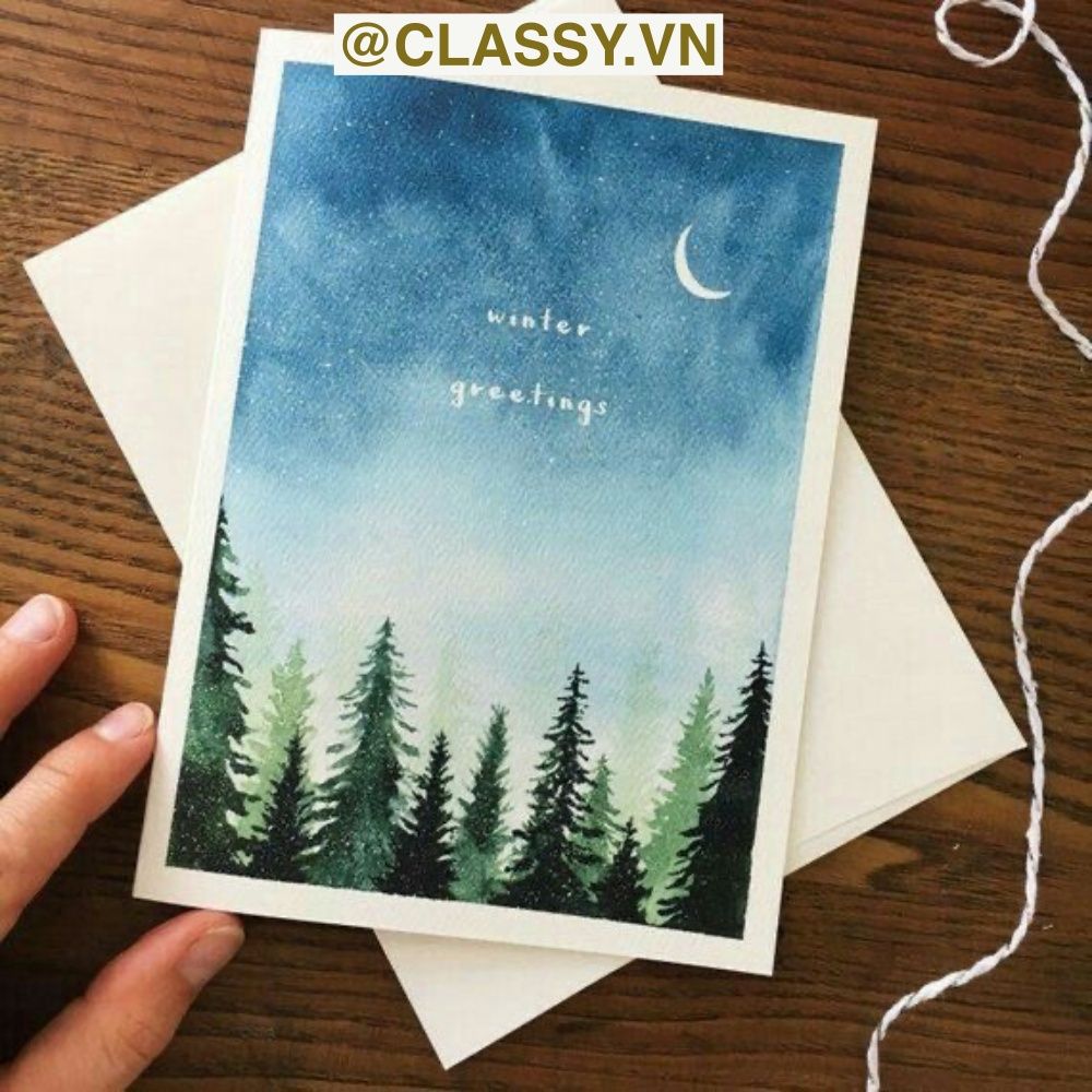 Thiệp vẽ tay bằng màu nước Classy trên nền giấy art Lan Vi 210GSM, kích thước đi kèm với phong bì của CLASSY STUDIO