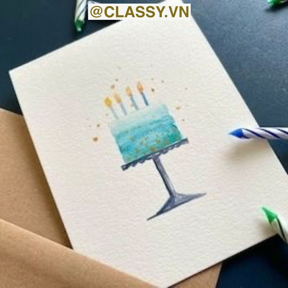 Thiệp vẽ tay bằng màu nước Classy trên nền giấy art Lan Vi 210GSM, kích thước đi kèm với phong bì của CLASSY STUDIO