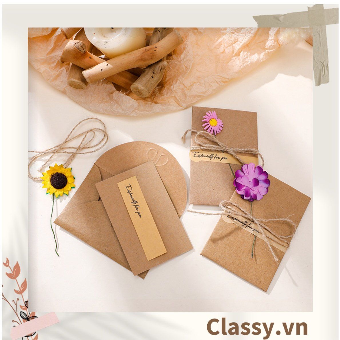 Thiệp Cổ điển Vintage gắn hoa khô kèm phong bì giấy kraft và nhãn dán sticker Q626