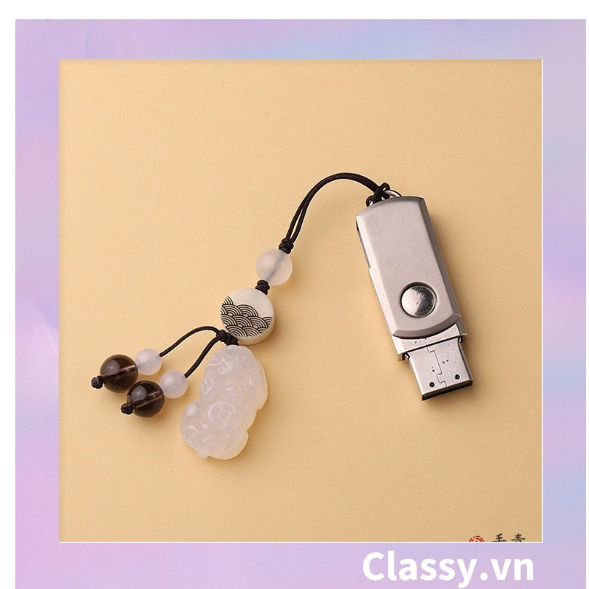 Classy Móc khóa phong thủy hình tỳ hưu làm từ đá thạch anh mang ý nghĩa may mắn gắn chìa khóa, điện thoại, sổ tay PK1420