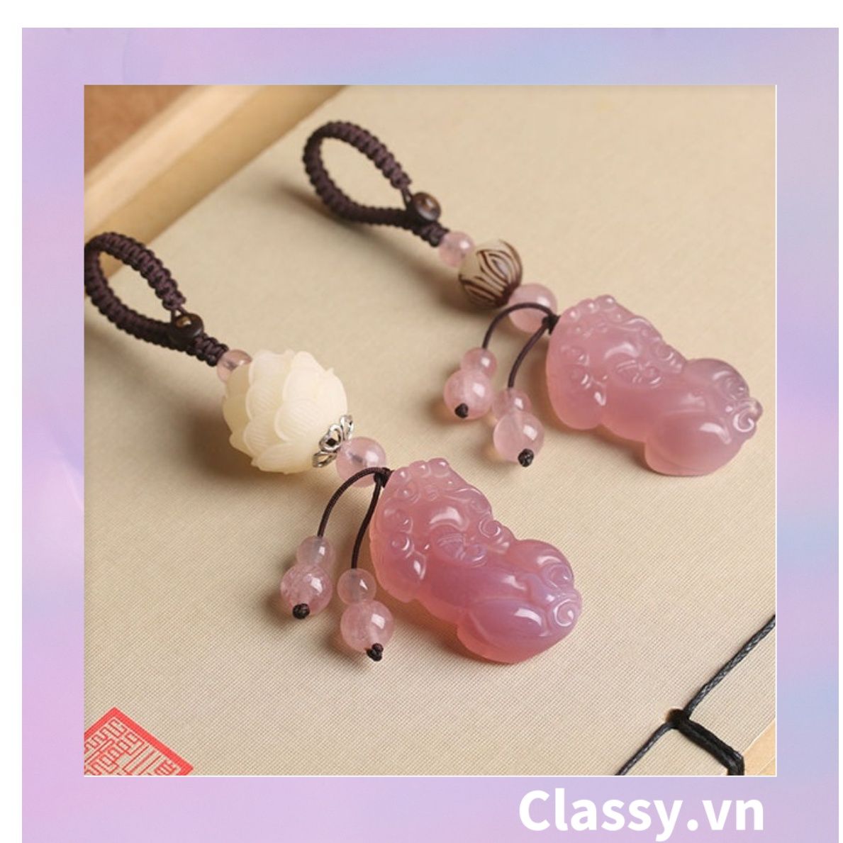 Classy Móc khóa phong thủy hình tỳ hưu làm từ đá thạch anh mang ý nghĩa may mắn gắn chìa khóa, điện thoại, sổ tay PK1420