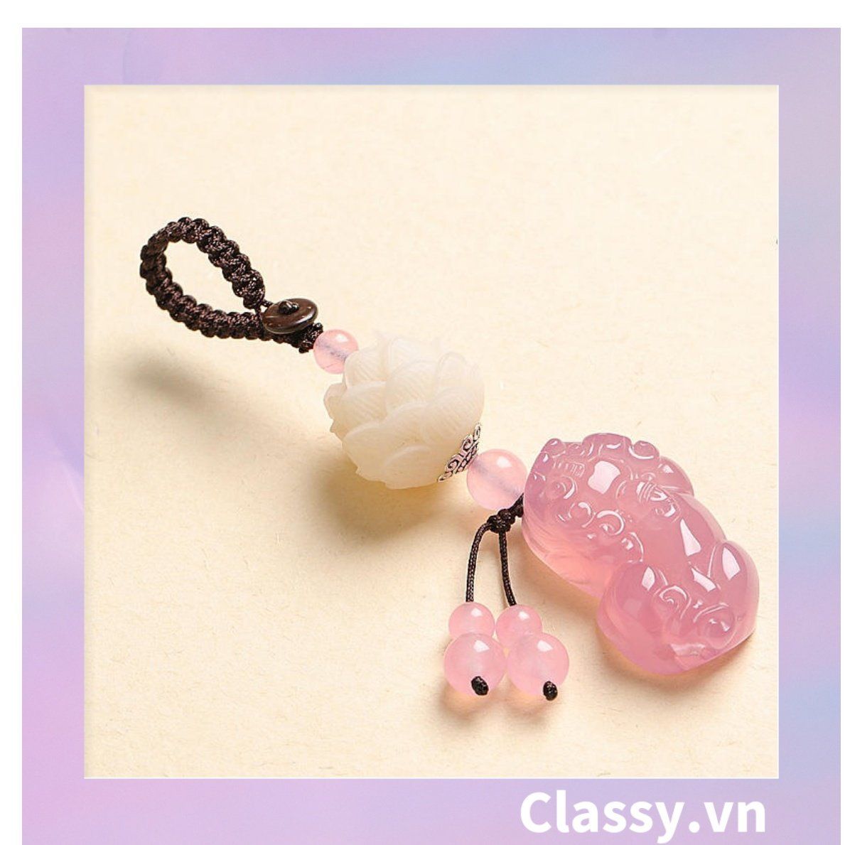 Classy Móc khóa phong thủy hình tỳ hưu làm từ đá thạch anh mang ý nghĩa may mắn gắn chìa khóa, điện thoại, sổ tay PK1420