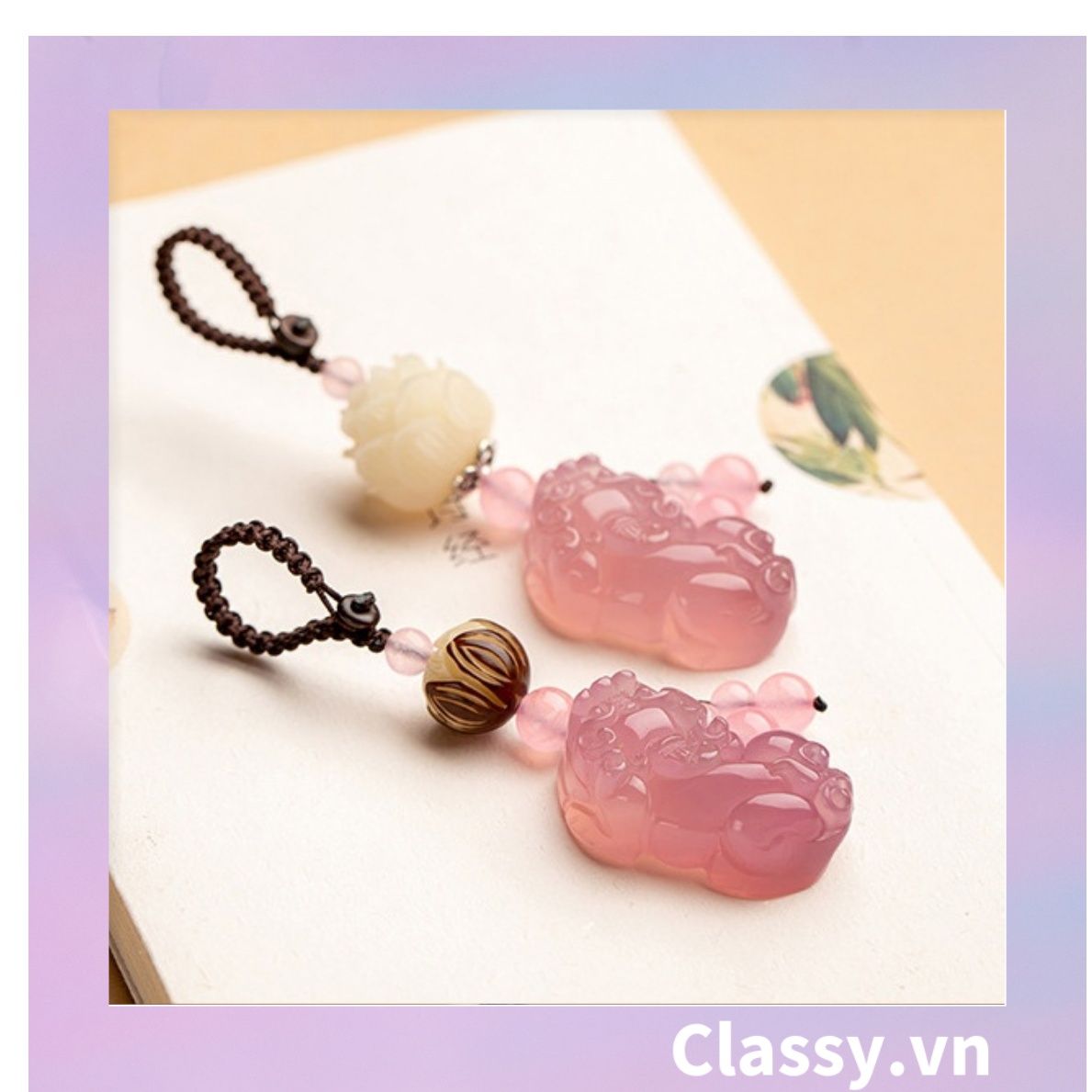 Classy Móc khóa phong thủy hình tỳ hưu làm từ đá thạch anh mang ý nghĩa may mắn gắn chìa khóa, điện thoại, sổ tay PK1420