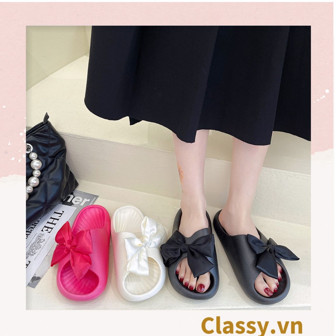 Dép quai ngang thắt nơ dành cho nữ, đi trong nhà, đi biển, đi spa tiện lợi G1253