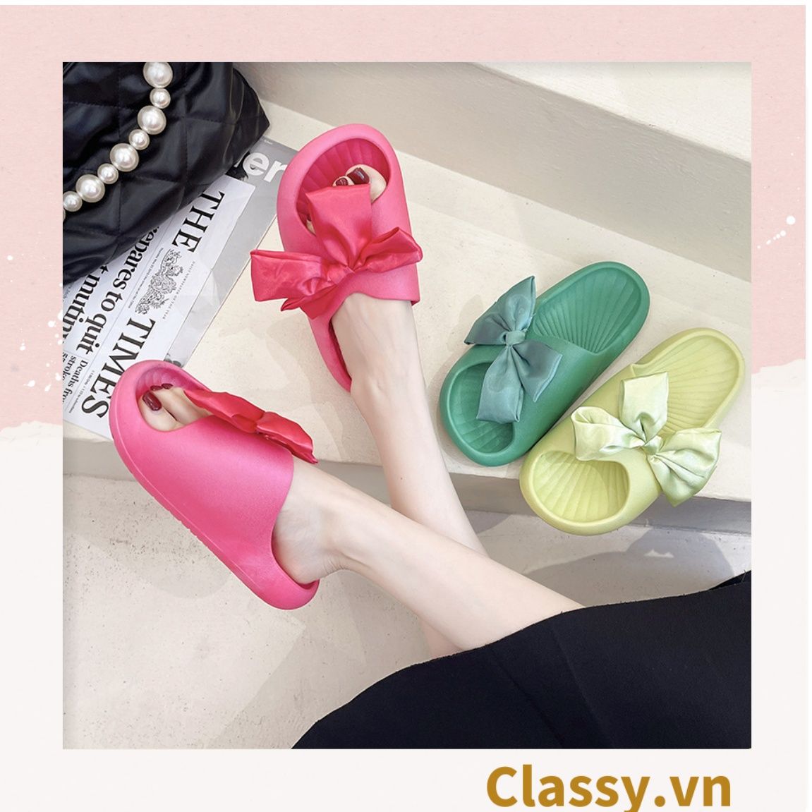 Dép quai ngang thắt nơ dành cho nữ, đi trong nhà, đi biển, đi spa tiện lợi G1253