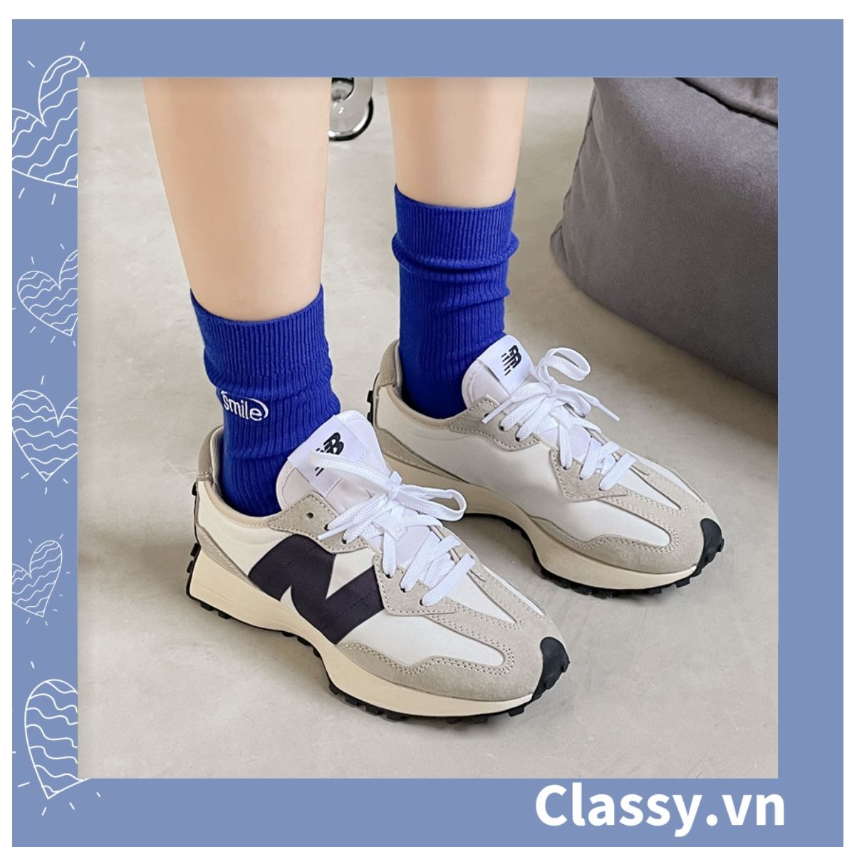 Classy Tất cổ cao, vớ cổ cao màu xanh họa tiết vui nhộn, chất cotton siêu êm G1346