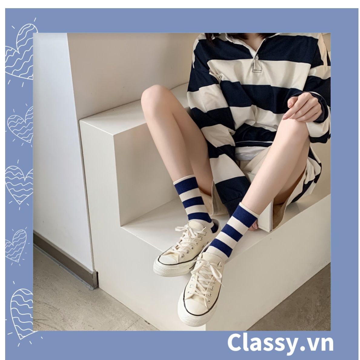 Classy Tất cổ cao, vớ cổ cao màu xanh họa tiết vui nhộn, chất cotton siêu êm G1346