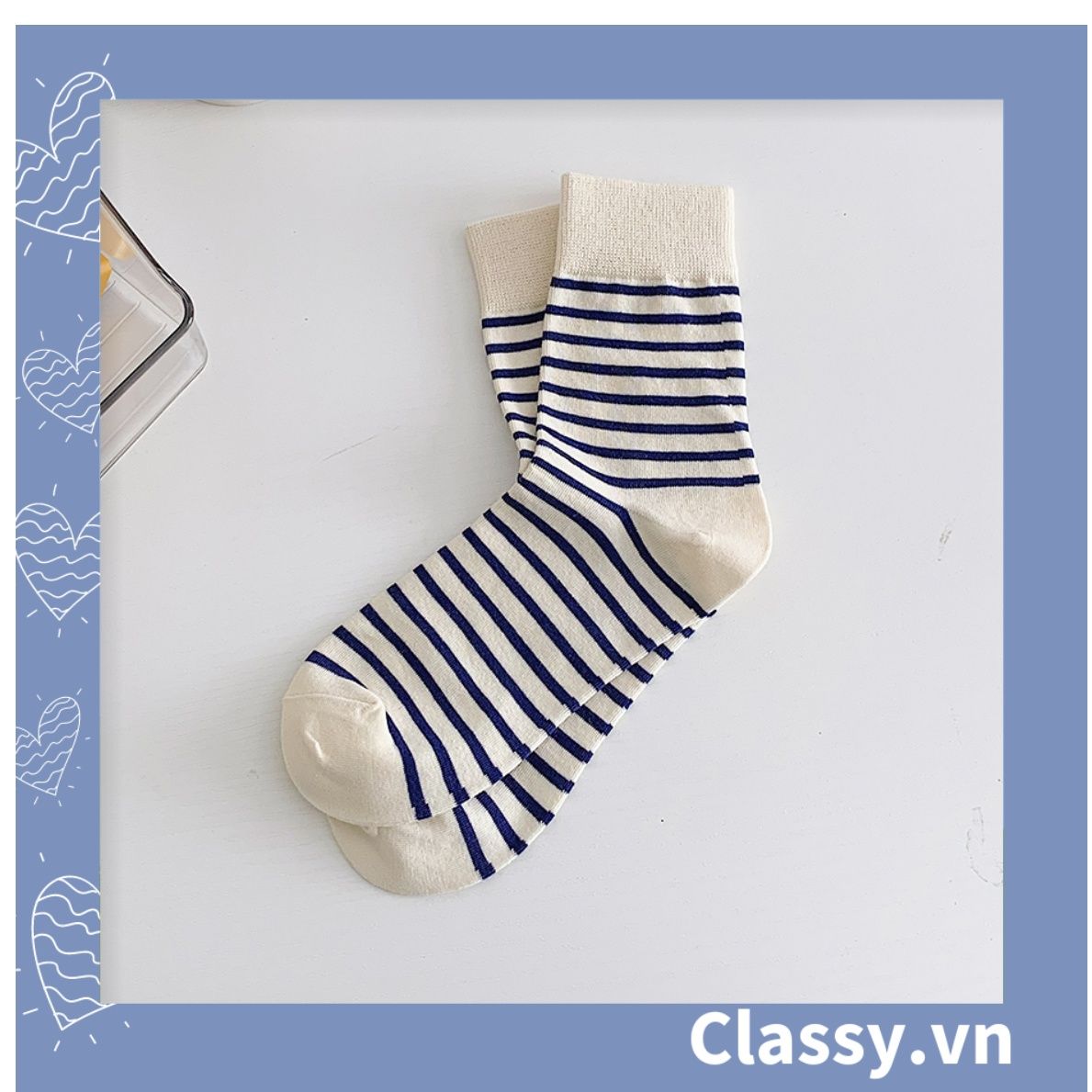 Classy Tất cổ cao, vớ cổ cao màu xanh họa tiết vui nhộn, chất cotton siêu êm G1346