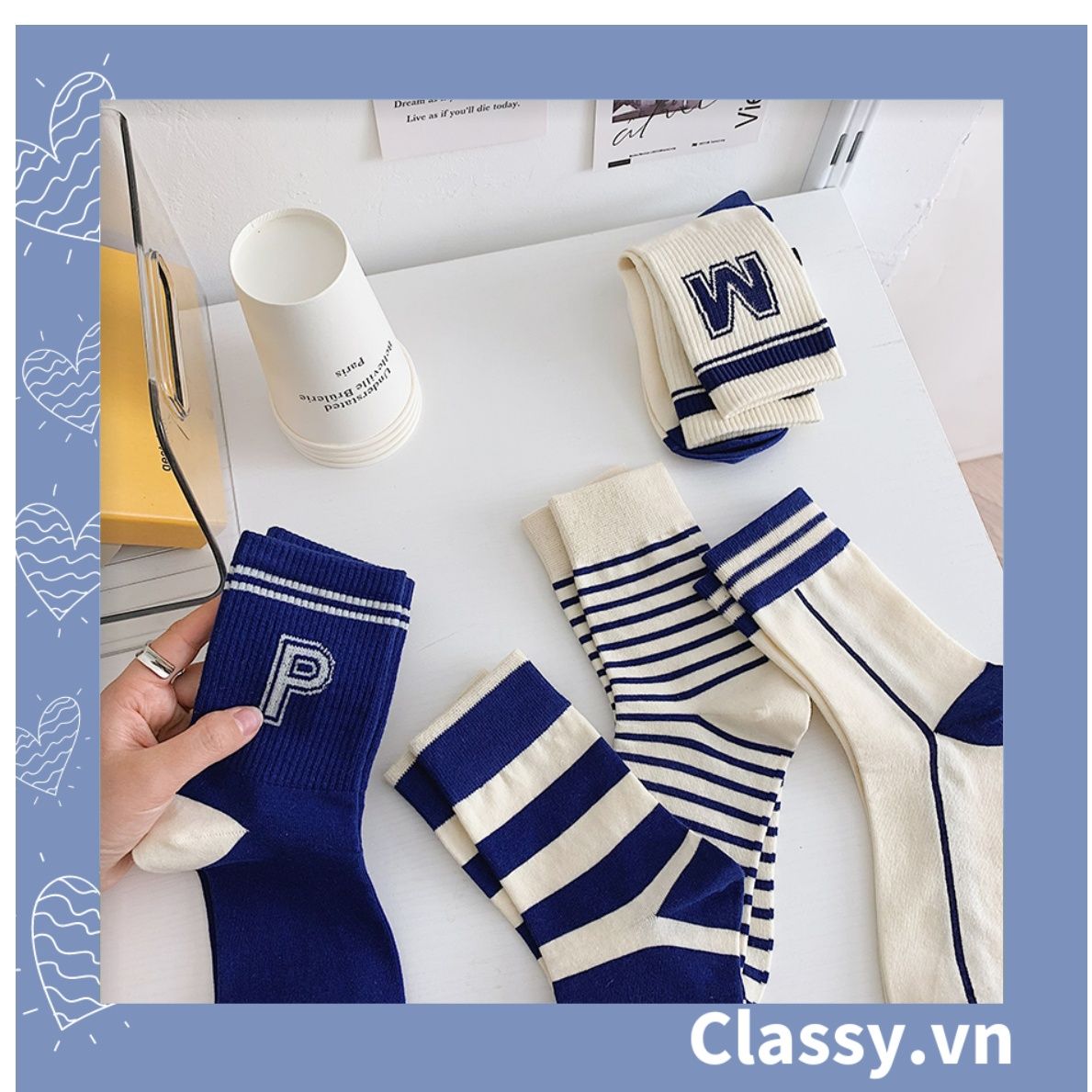 Classy Tất cổ cao, vớ cổ cao màu xanh họa tiết vui nhộn, chất cotton siêu êm G1346