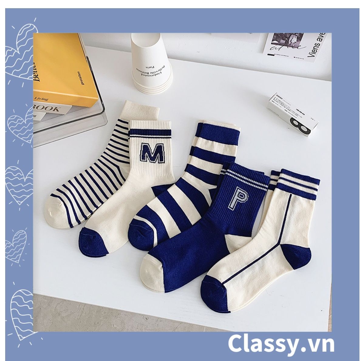 Classy Tất cổ cao, vớ cổ cao màu xanh họa tiết vui nhộn, chất cotton siêu êm G1346