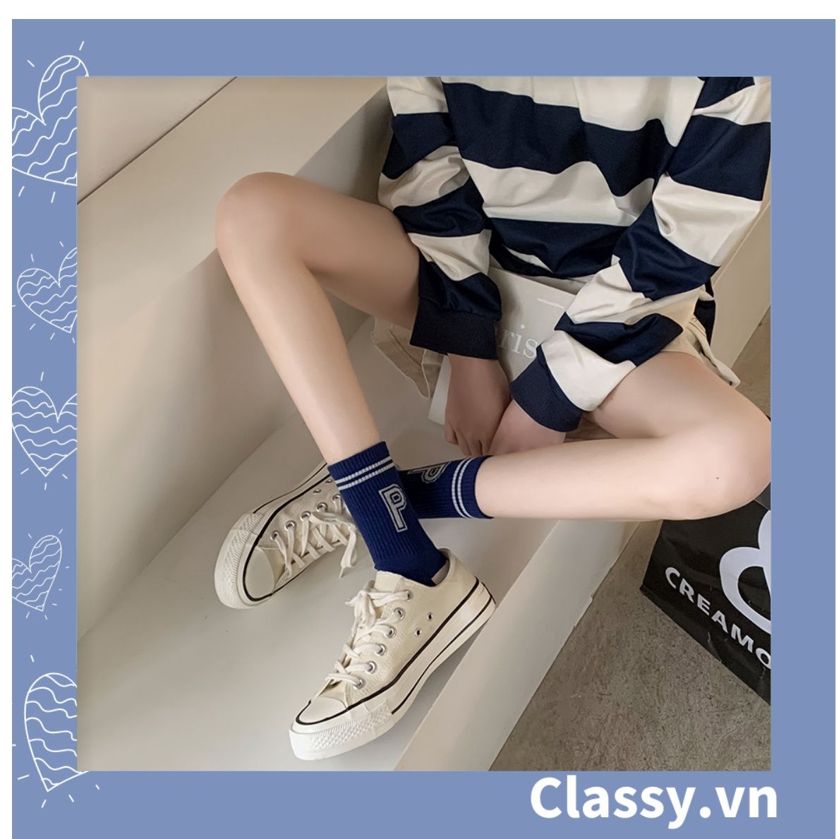 Classy Tất cổ cao, vớ cổ cao màu xanh họa tiết vui nhộn, chất cotton siêu êm G1346
