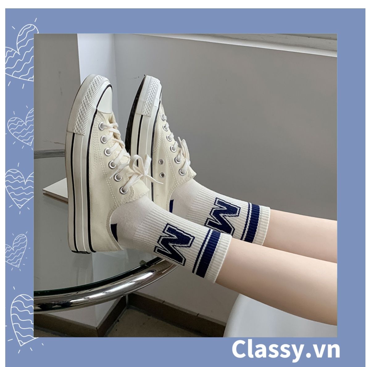 Classy Tất cổ cao, vớ cổ cao màu xanh họa tiết vui nhộn, chất cotton siêu êm G1346