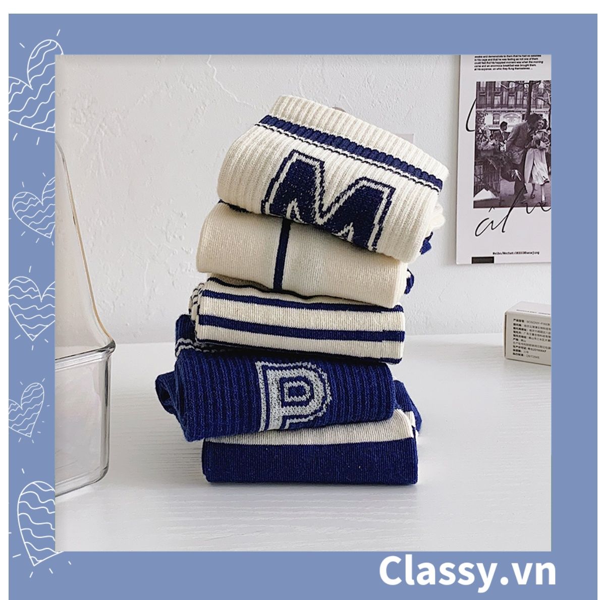Classy Tất cổ cao, vớ cổ cao màu xanh họa tiết vui nhộn, chất cotton siêu êm G1346