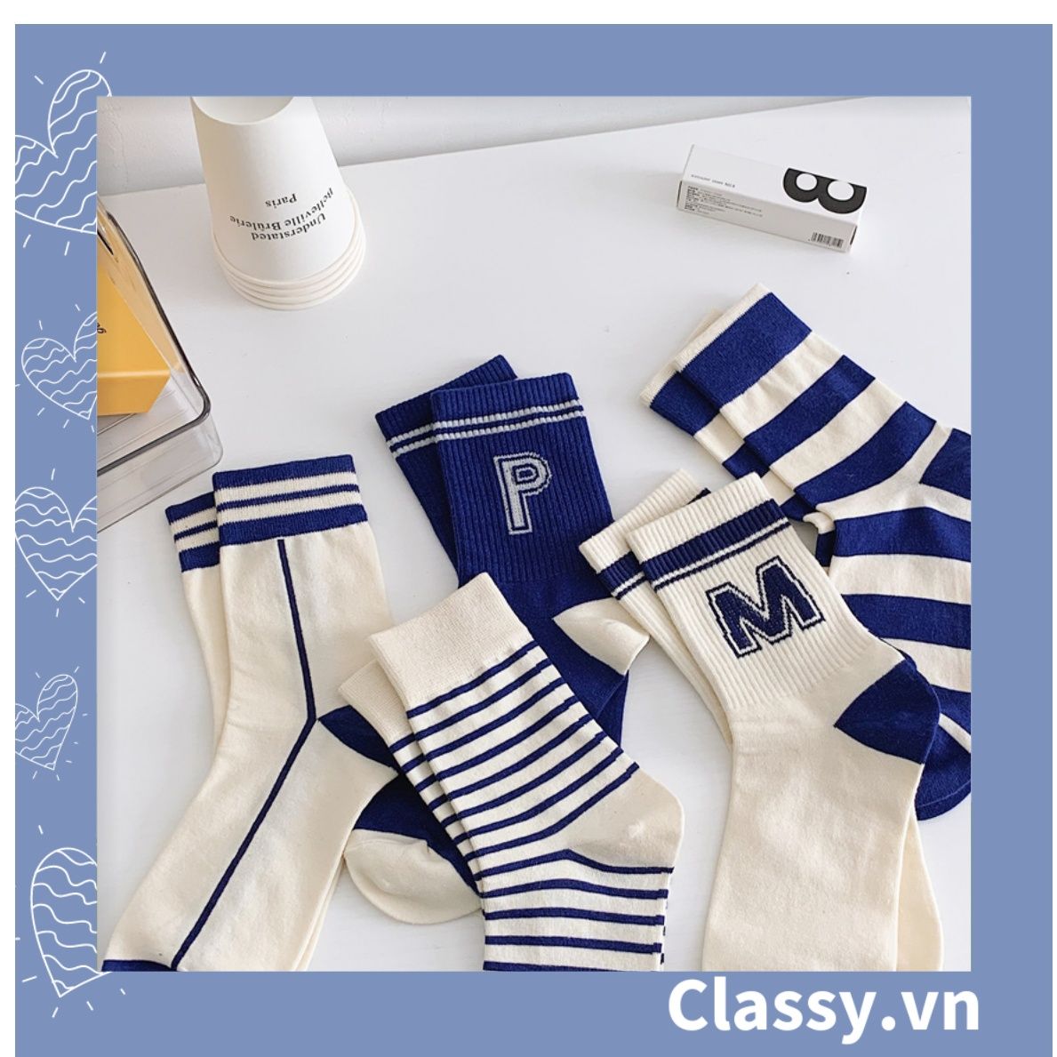 Classy Tất cổ cao, vớ cổ cao màu xanh họa tiết vui nhộn, chất cotton siêu êm G1346