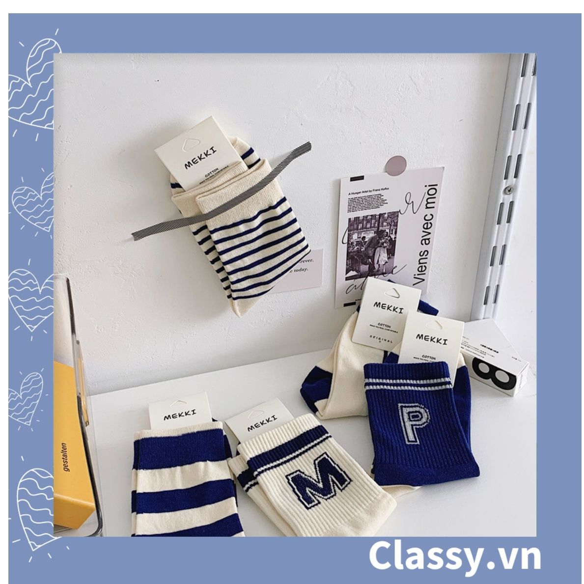 Classy Tất cổ cao, vớ cổ cao màu xanh họa tiết vui nhộn, chất cotton siêu êm G1346