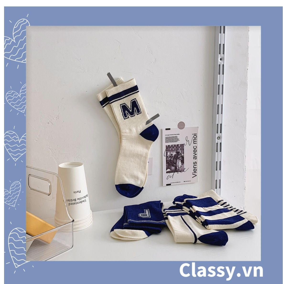 Classy Tất cổ cao, vớ cổ cao màu xanh họa tiết vui nhộn, chất cotton siêu êm G1346
