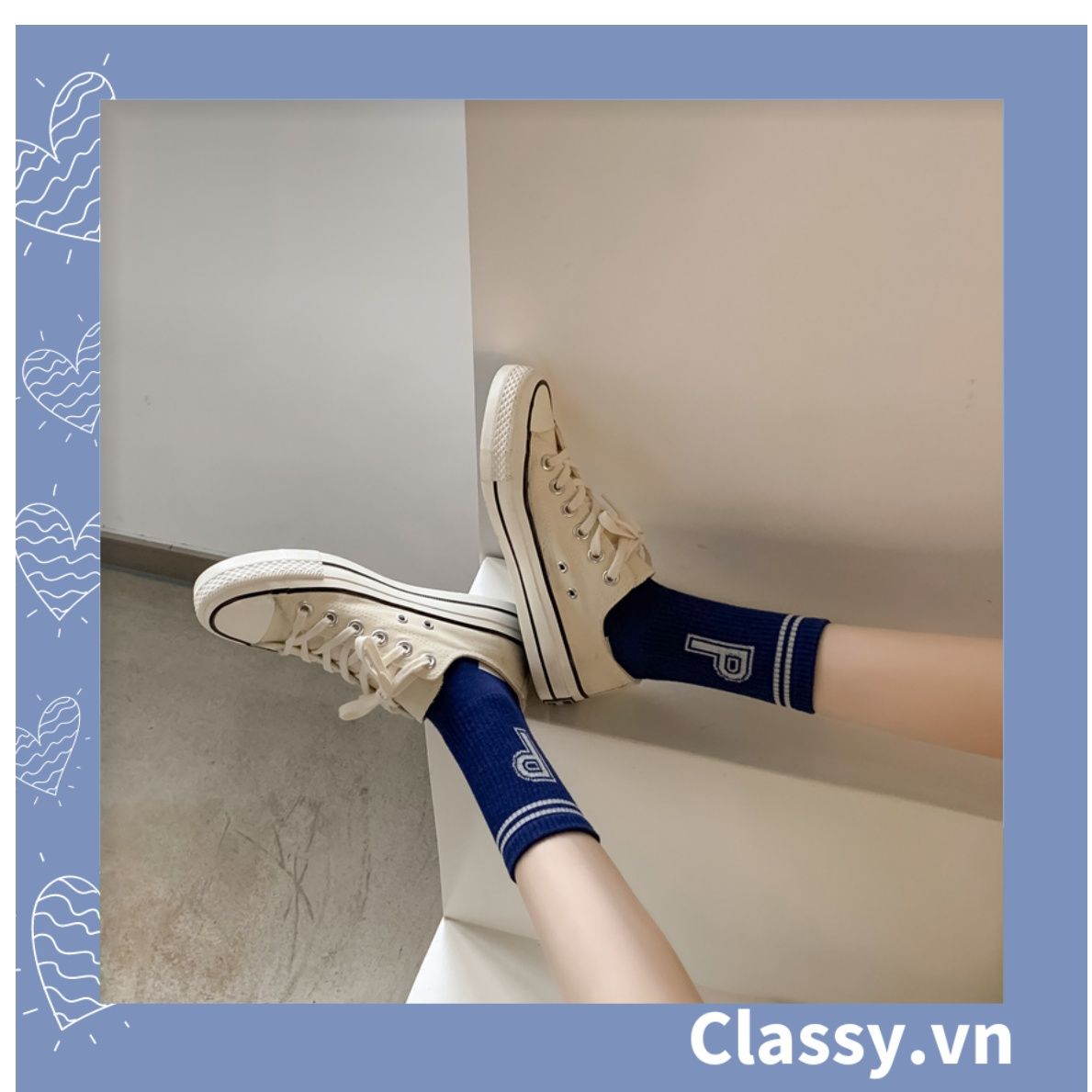 Classy Tất cổ cao, vớ cổ cao màu xanh họa tiết vui nhộn, chất cotton siêu êm G1346