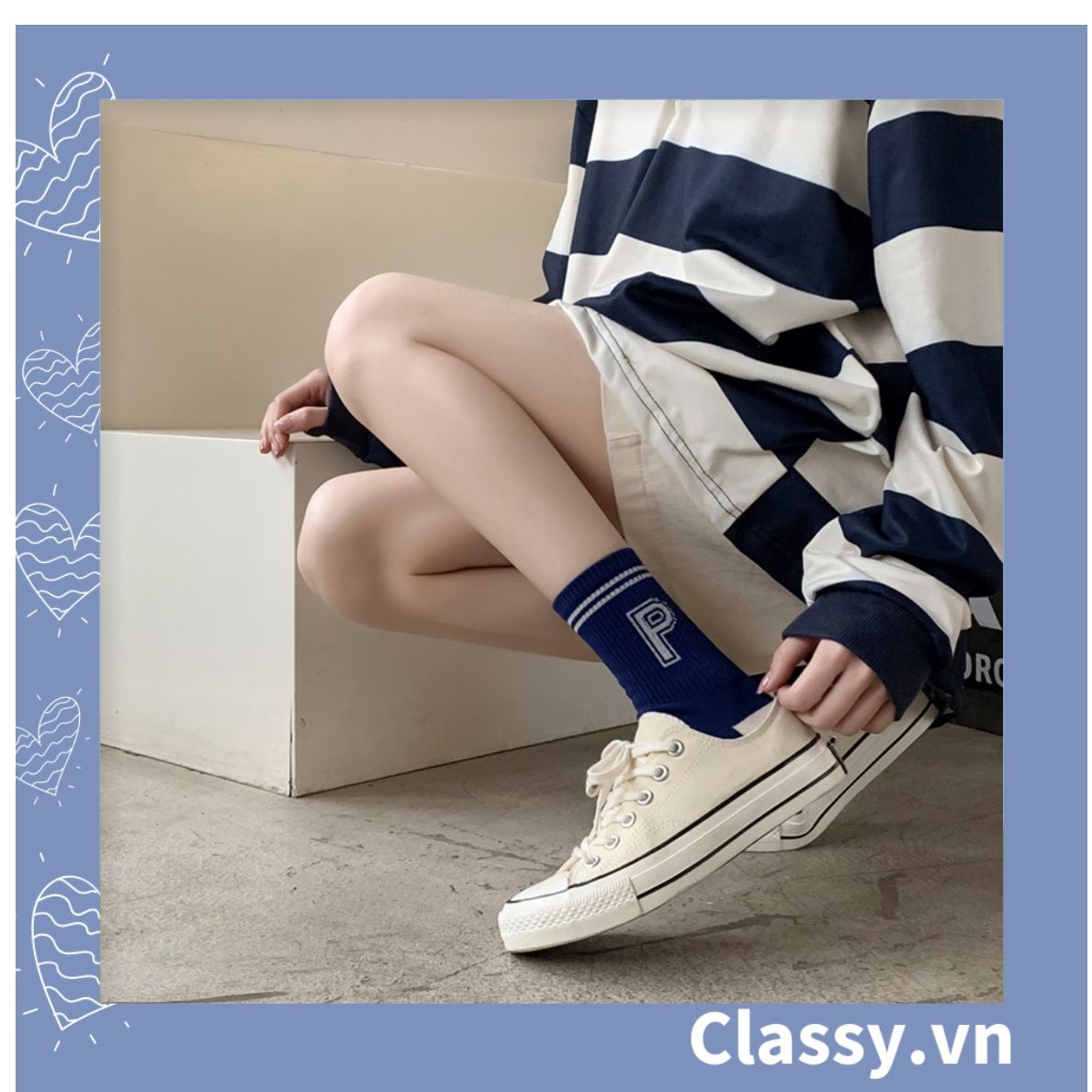 Classy Tất cổ cao, vớ cổ cao màu xanh họa tiết vui nhộn, chất cotton siêu êm G1346