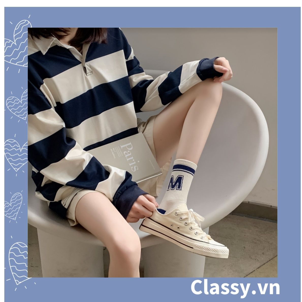 Classy Tất cổ cao, vớ cổ cao màu xanh họa tiết vui nhộn, chất cotton siêu êm G1346