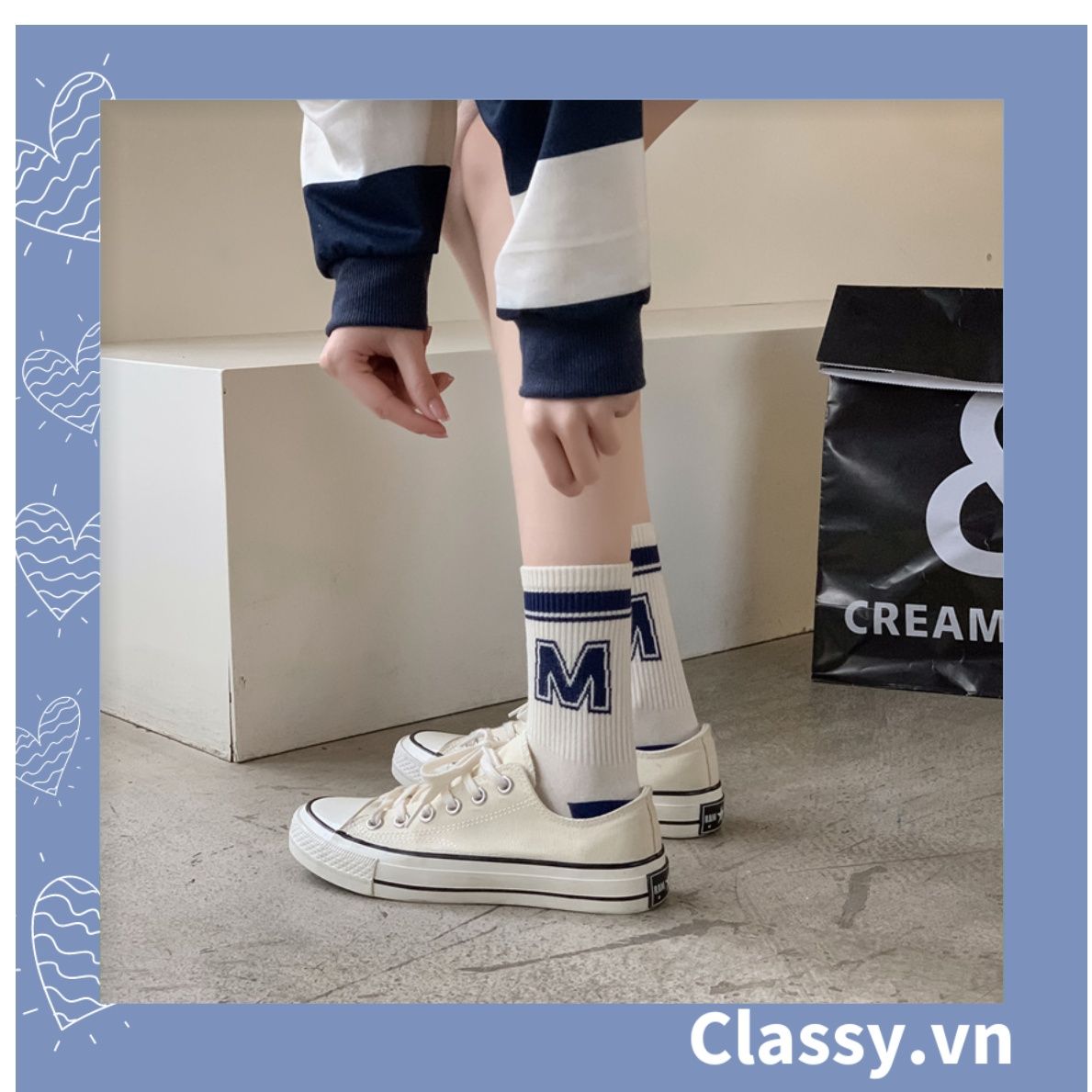 Classy Tất cổ cao, vớ cổ cao màu xanh họa tiết vui nhộn, chất cotton siêu êm G1346