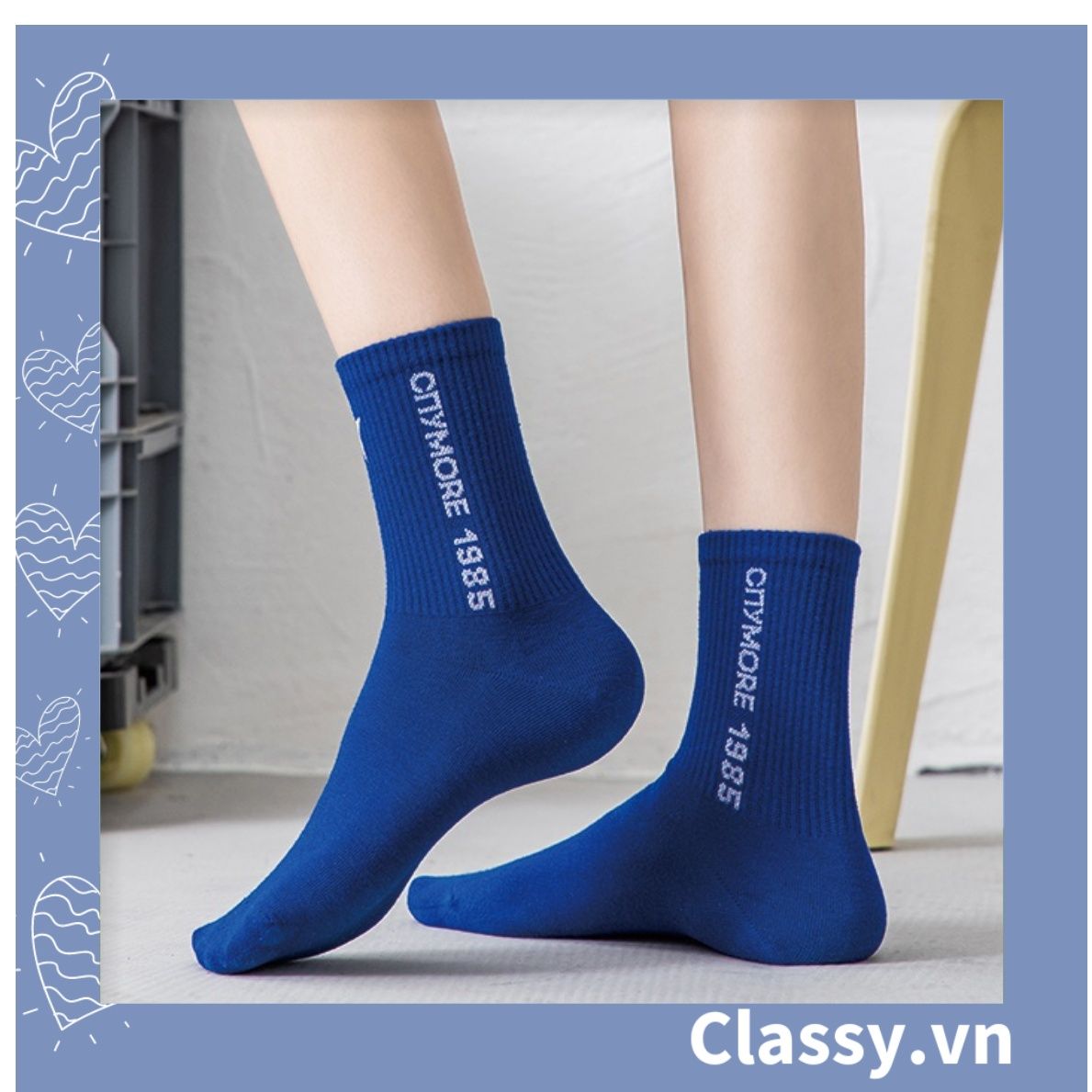 Classy Tất cổ cao, vớ cổ cao màu xanh họa tiết vui nhộn, chất cotton siêu êm G1346