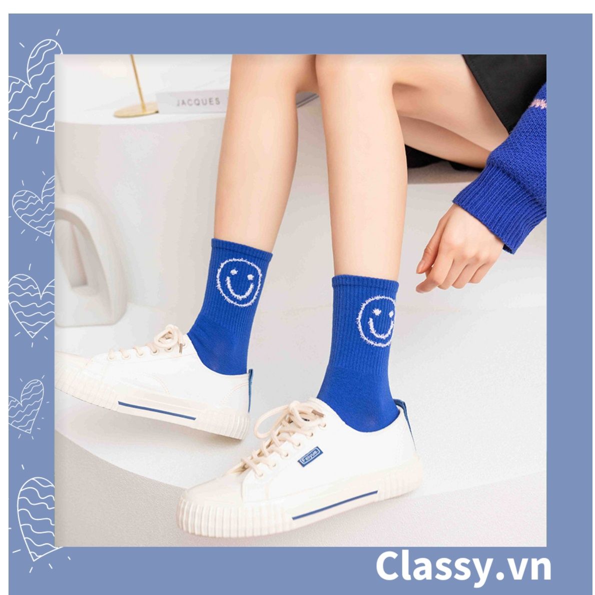  Classy Tất cổ cao, vớ cổ cao màu xanh họa tiết vui nhộn, chất cotton siêu êm G1346 