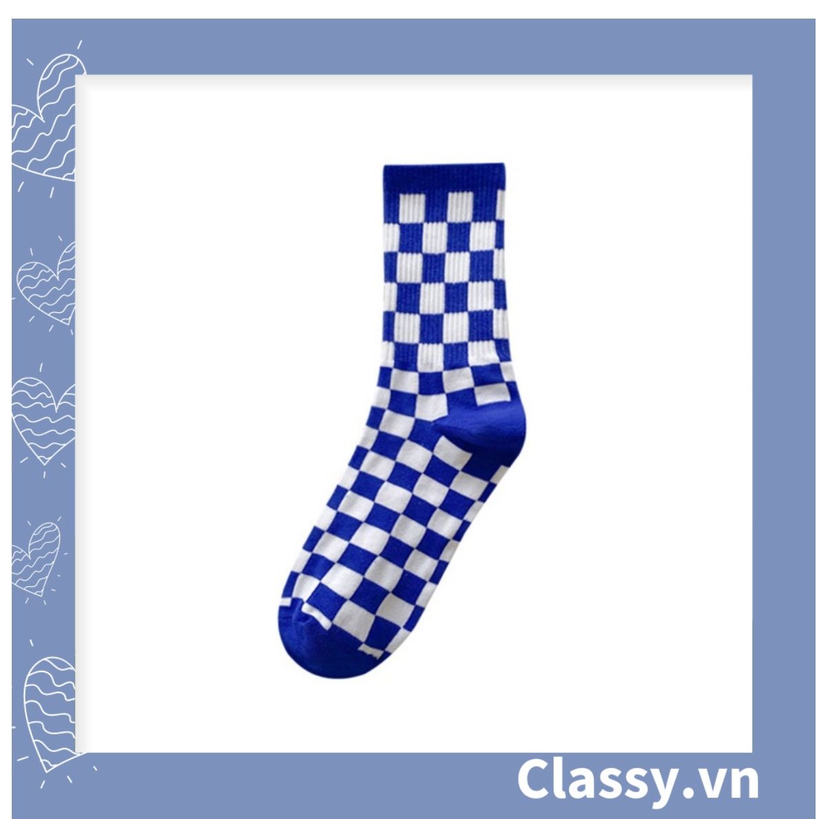 Classy Tất cổ cao, vớ cổ cao màu xanh họa tiết vui nhộn, chất cotton siêu êm G1346