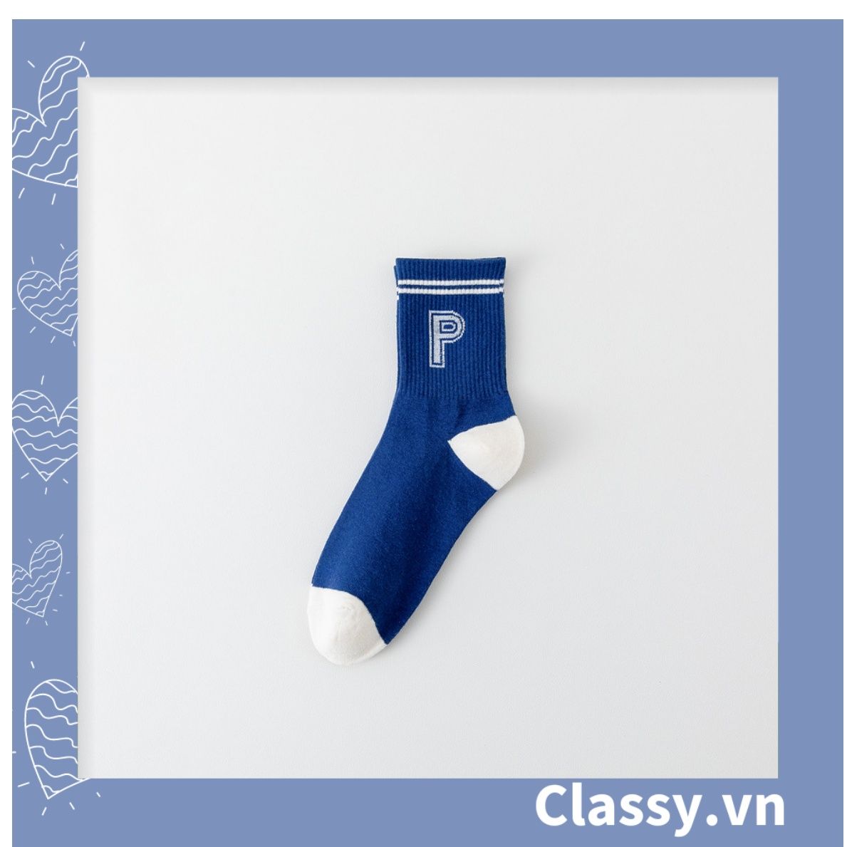 Classy Tất cổ cao, vớ cổ cao màu xanh họa tiết vui nhộn, chất cotton siêu êm G1346