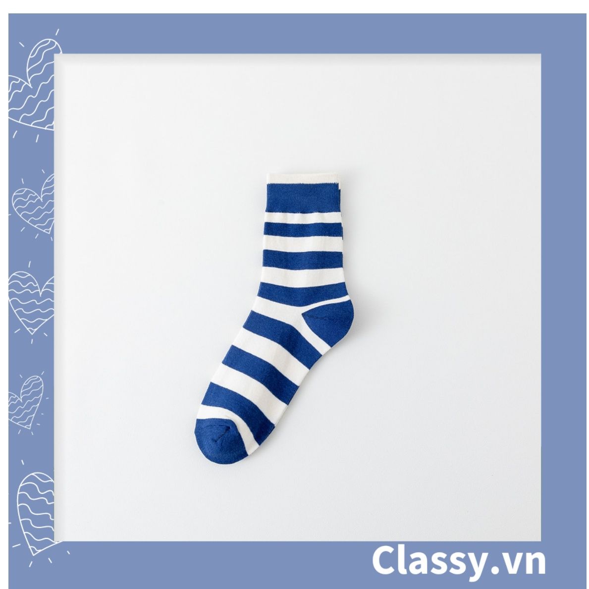 Classy Tất cổ cao, vớ cổ cao màu xanh họa tiết vui nhộn, chất cotton siêu êm G1346