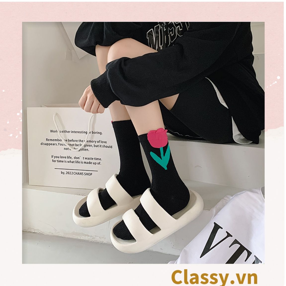  Classy Tất cổ cao, vớ cổ cao hoa tulip, chất cotton siêu êm G1347 