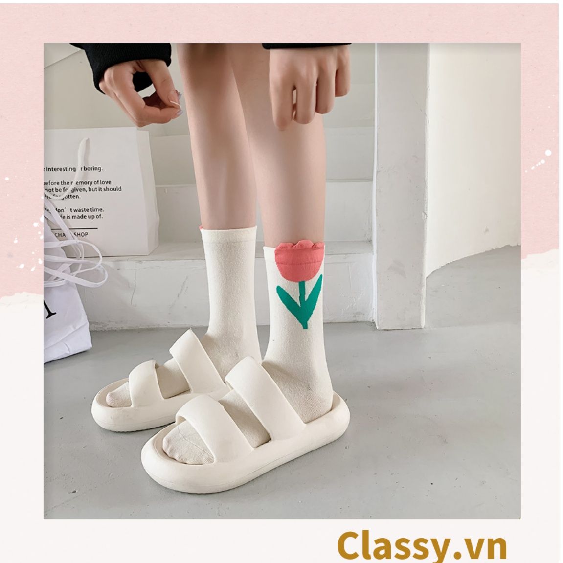 Classy Tất cổ cao, vớ cổ cao hoa tulip, chất cotton siêu êm G1347
