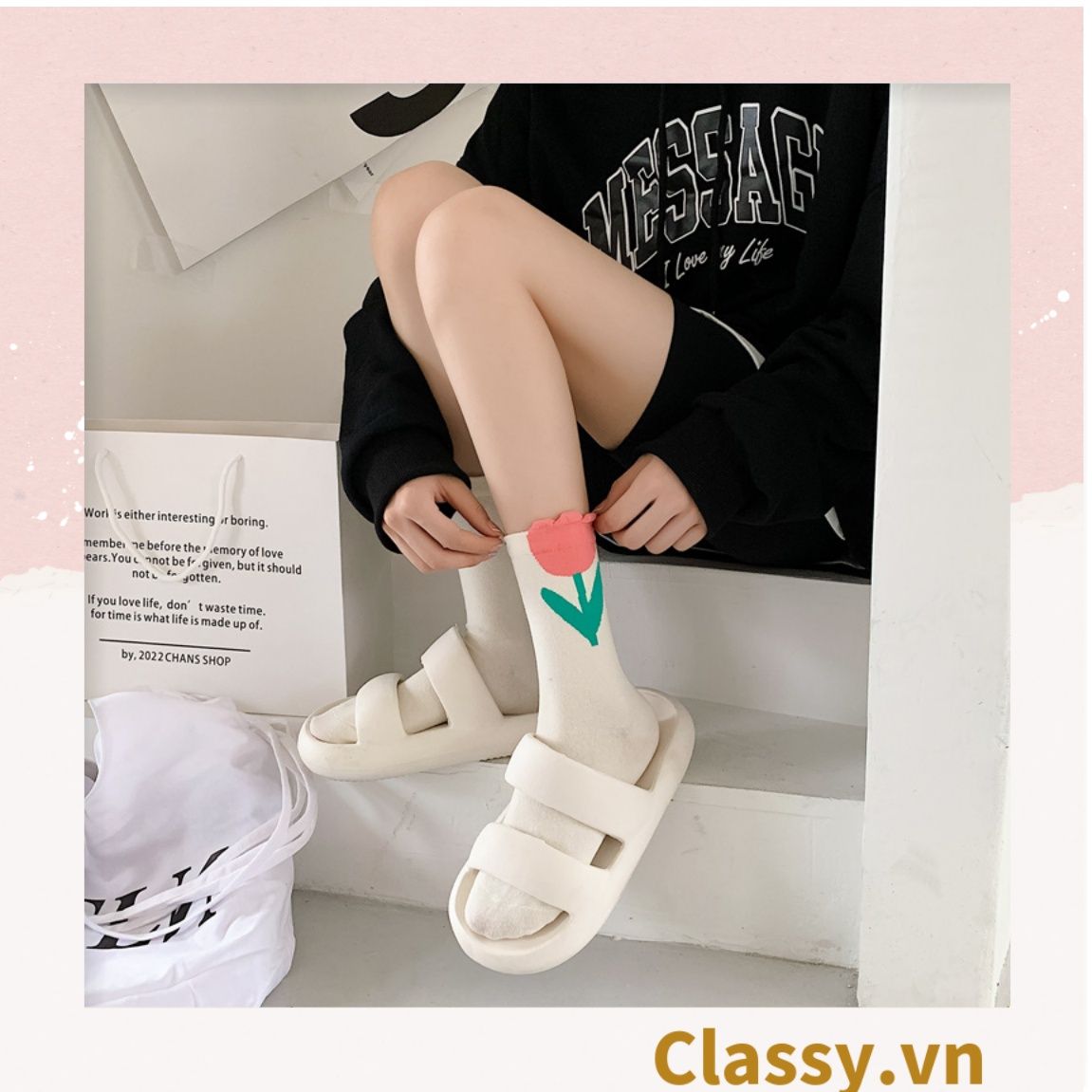 Classy Tất cổ cao, vớ cổ cao hoa tulip, chất cotton siêu êm G1347