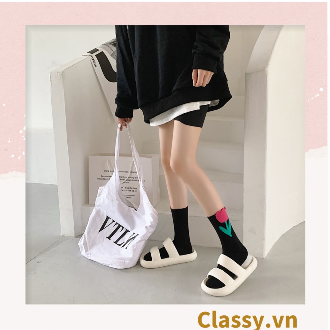 Classy Tất cổ cao, vớ cổ cao hoa tulip, chất cotton siêu êm G1347