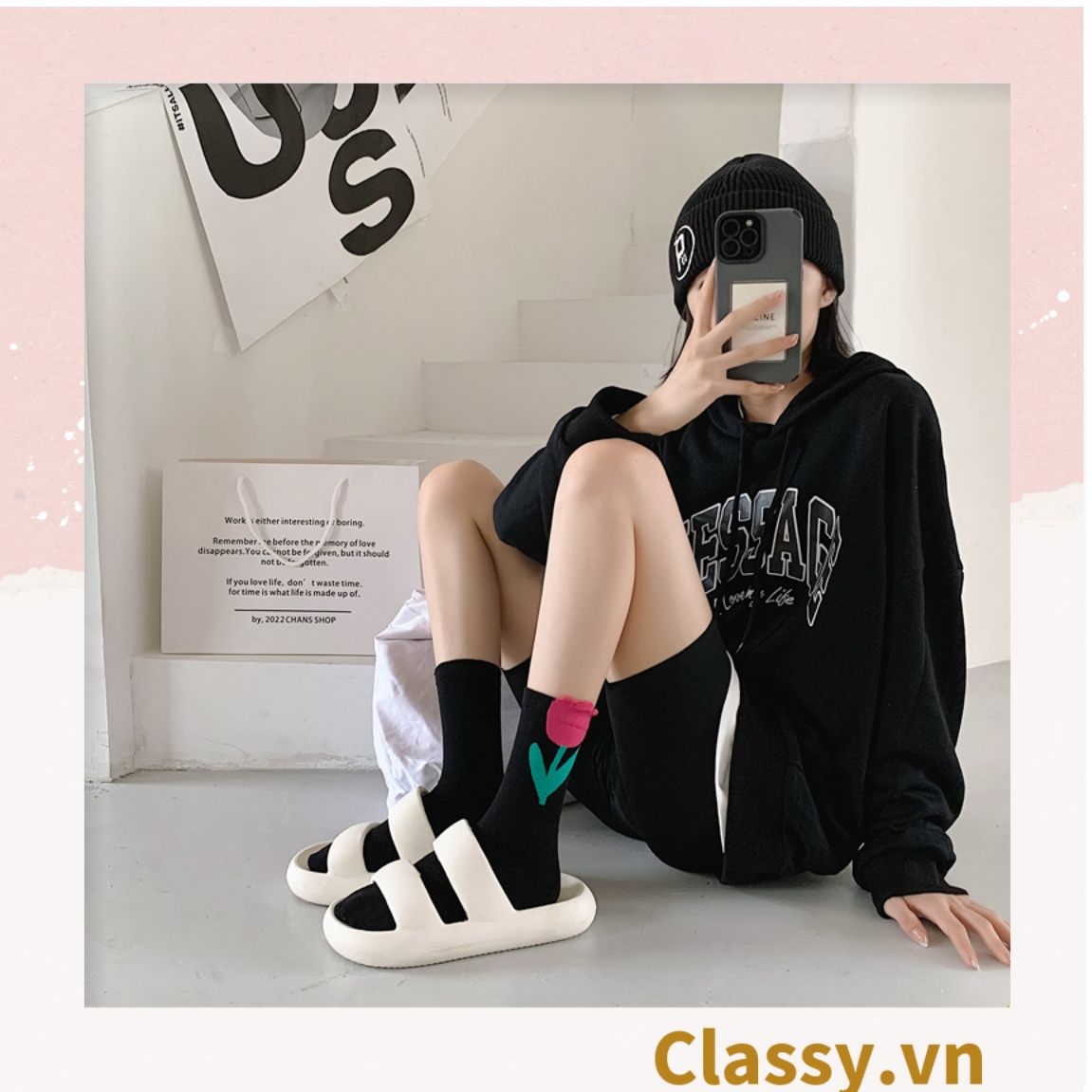 Classy Tất cổ cao, vớ cổ cao hoa tulip, chất cotton siêu êm G1347
