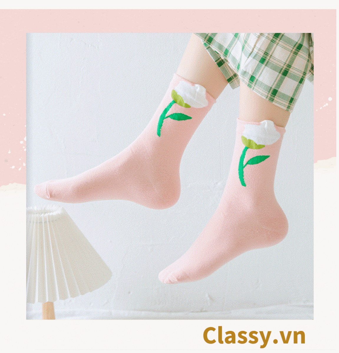 Classy Tất cổ cao, vớ cổ cao hoa tulip, chất cotton siêu êm G1347