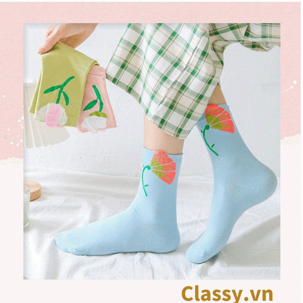 Classy Tất cổ cao, vớ cổ cao hoa tulip, chất cotton siêu êm G1347