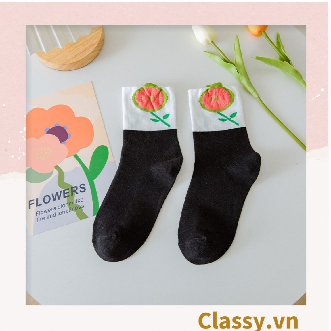 Classy Tất cổ cao, vớ cổ cao hoa tulip, chất cotton siêu êm G1347